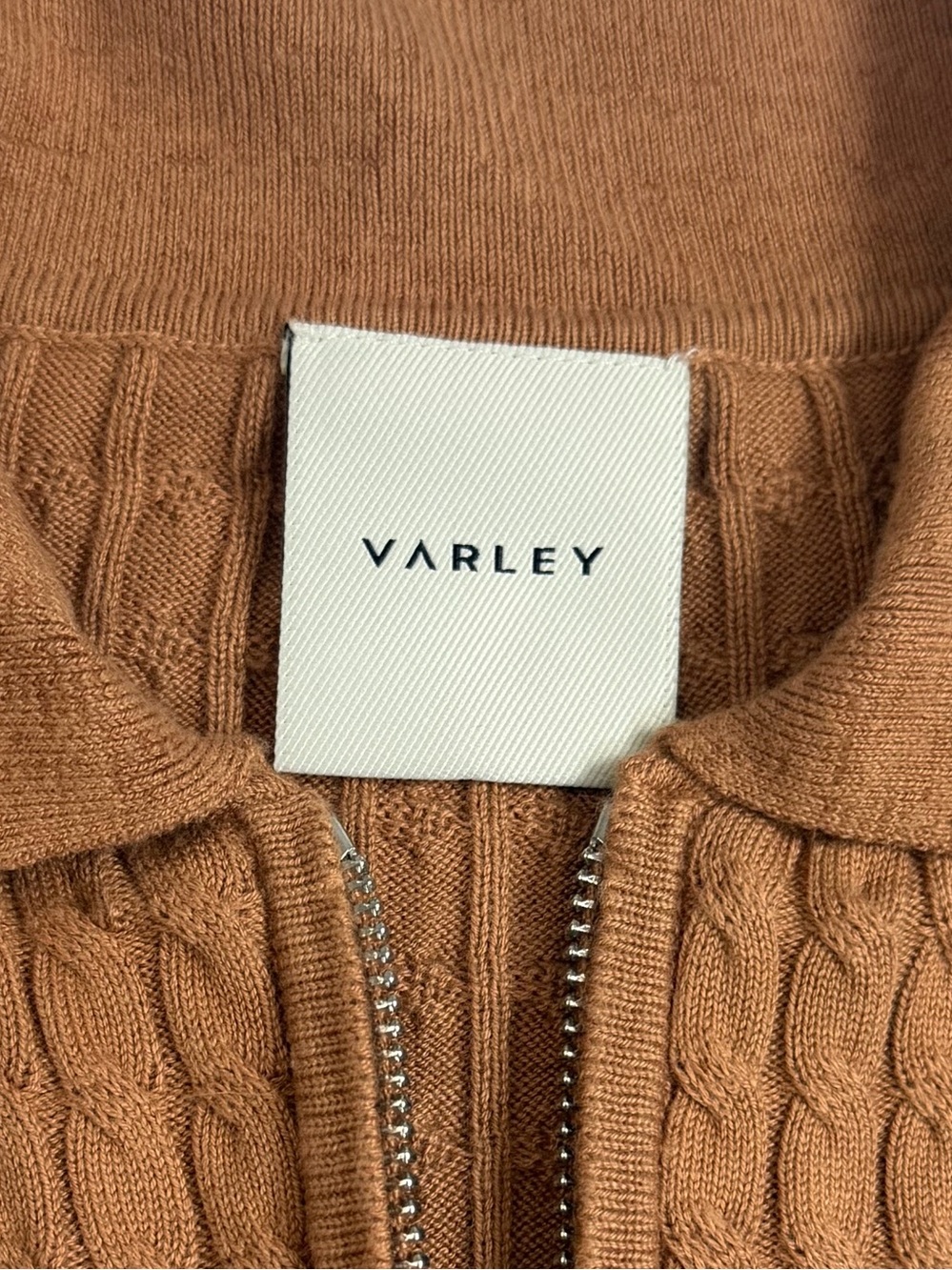 Varley Camel Color Cable-Knit Quarter Zip Short Sleeve Sweater. Size Small. - Picture 2 of 8